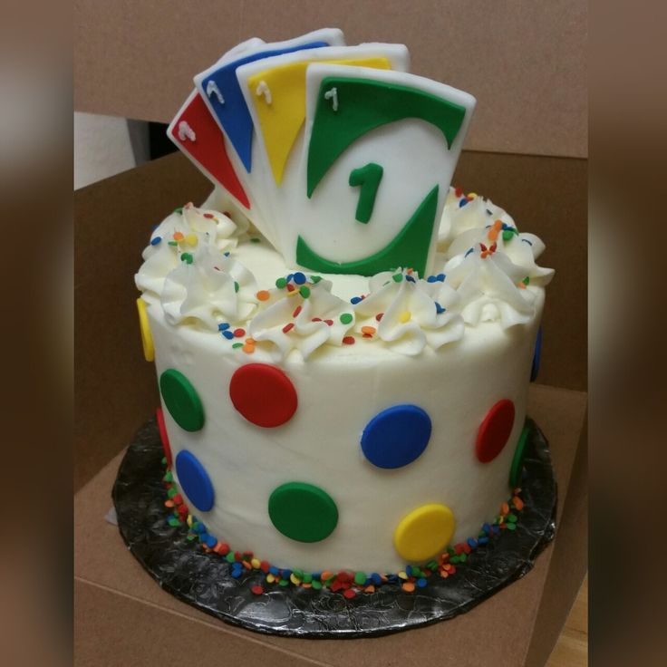 a birthday cake with white frosting and multicolored polka dots on the bottom