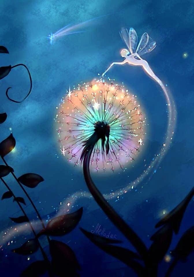 a dandelion with a fairy flying above it