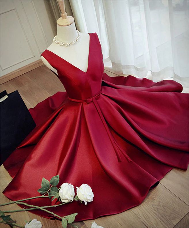 Simple Burgundy V Neck Short Prom Dress, Burgundy