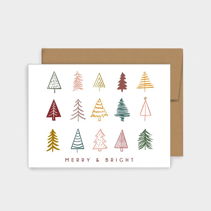 merry and bright christmas card with trees in different colors on the front, from left to right