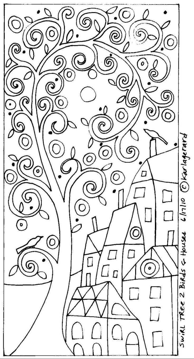 a drawing of a tree with swirly branches and houses in the background, on a white