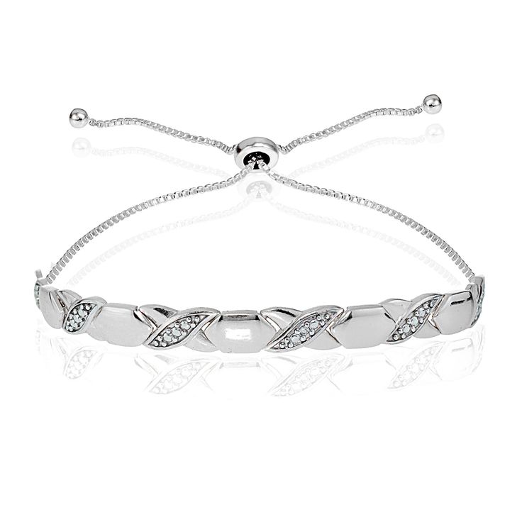 This bracelet features a xoxo design set in the center of an adjustable bracelets featuring a single diamond accent in the mist of the pattern. This bracelet can adjust from 3 inches up to 10 inches long and crafted in sterling silver. Product Details Metal Type sterling-silver Metal Stamp 925-sterling Weight 7GR Width 6MM Chain Type box Stone Details Gem Type diamond Number of Stones 1 Stone Color white Stone Clarity I1-I2 Stone Shape round-shape Total Weight 0.01 Setting Type prongs Stone Crea Silver Y Necklace, Bolo Bracelet, The Mist, Buying Diamonds, Ring Pendant Necklace, Fine Jewelry Bracelets, Topaz Stone, Sterling Silver Cross, Charm Set