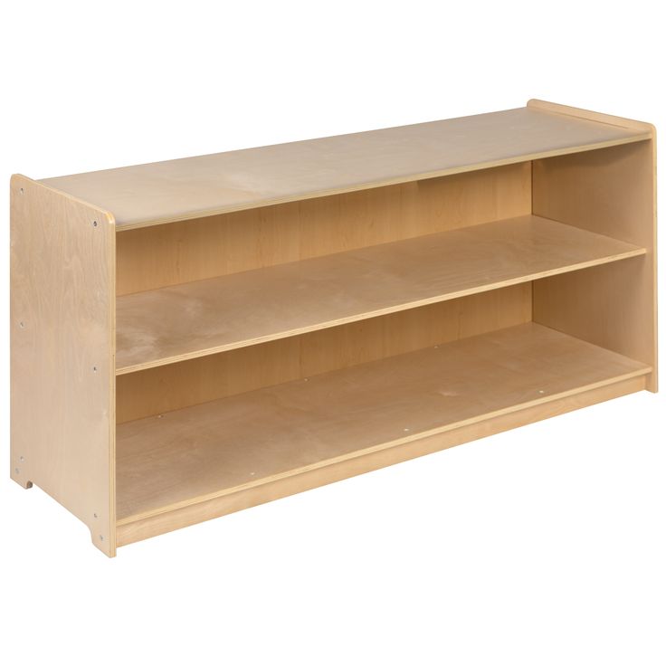 a wooden shelf with three shelves on one side and two open shelves on the other