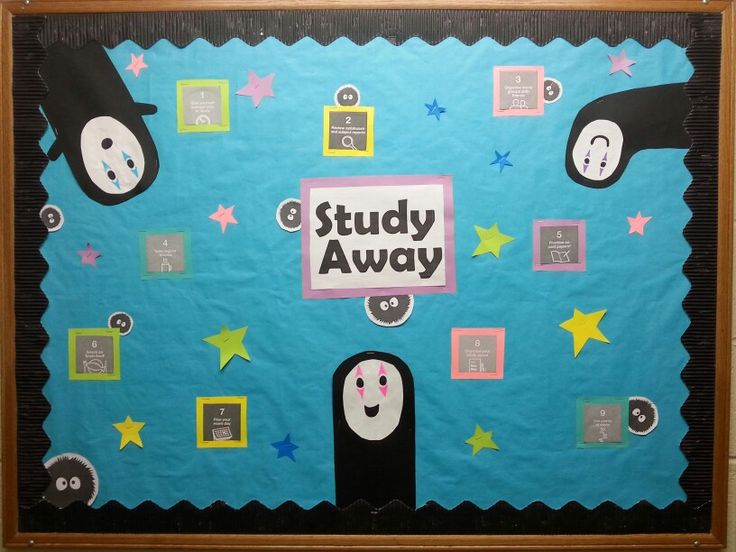 Spirited Away bulletin board with study tips. #RA #bulletin #reslife #siureslife #spiritedaway #spirited #away Ra Bulletin Boards Studio Ghibli, Studio Ghibli Classroom Theme, Studio Ghibli Bulletin Board, Studio Ghibli Classroom Decor, Studio Ghibli Door Decs, Studio Ghibli Classroom, Ghibli Classroom, Residence Life Bulletin Boards, School Campaign Posters