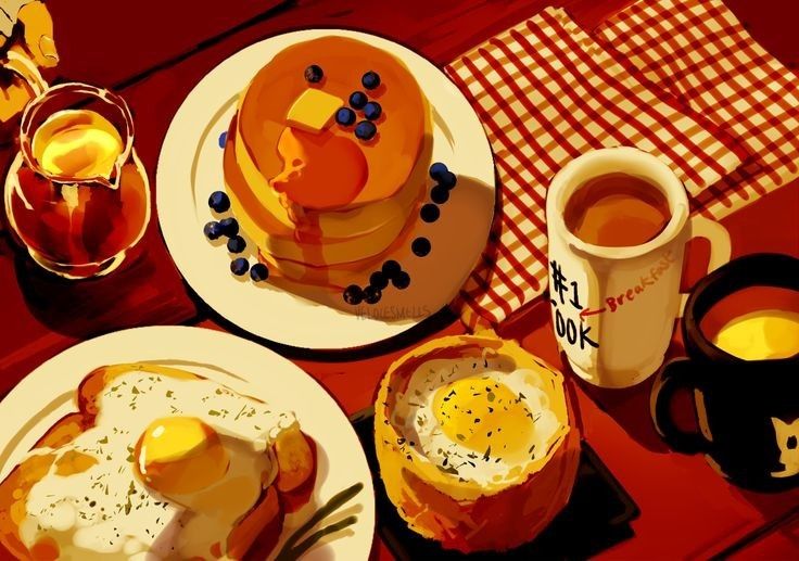 two plates with breakfast foods on them sitting on a table next to cups and saucers