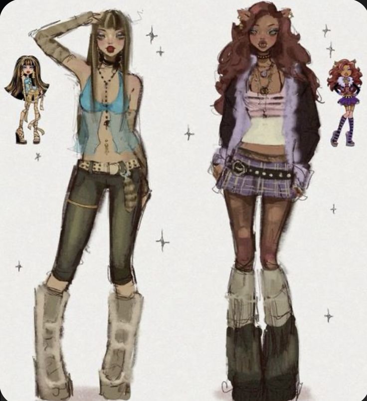 two women are standing next to each other wearing boots and clothes with stars in the background