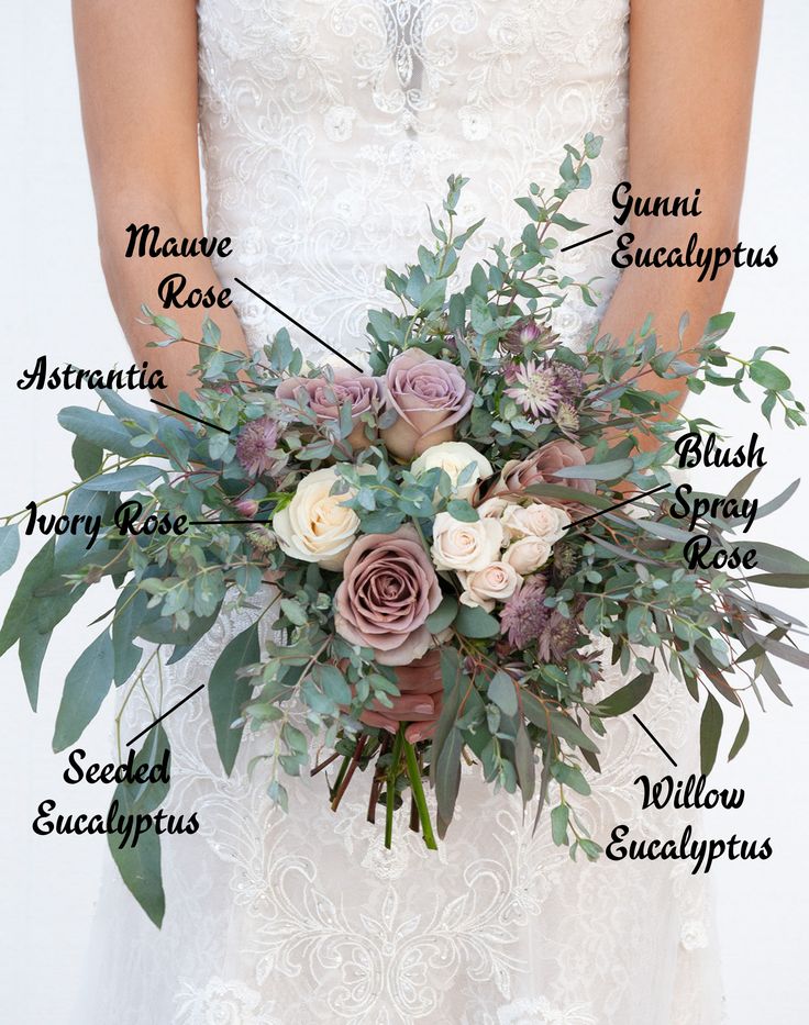 a bride's bouquet with the names of her wedding flowers