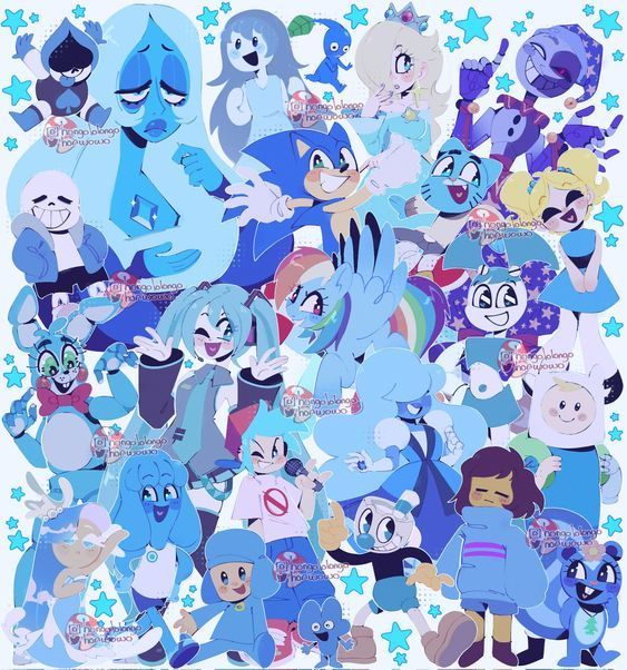 many different cartoon characters are grouped together