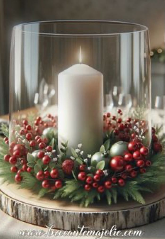 a lit candle is surrounded by greenery and berries