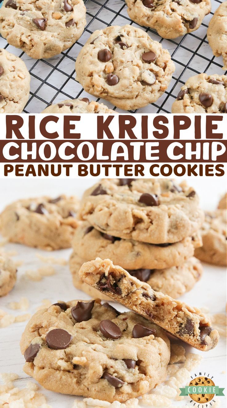 chocolate chip cookies are stacked on top of each other with the words, rice krispie chocolate chip peanut butter cookies