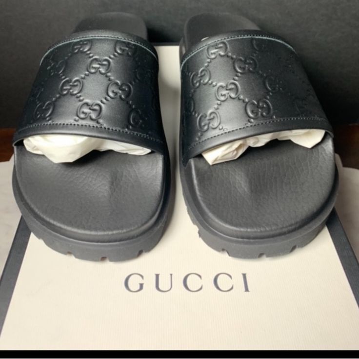 Brand New In Box Never Worn Gucci Leather Slides. Please Ask Any Question Before Purchase. Gucci Style Number 431070 Cwd20 Don’t Miss Out On These Beauties! Gucci Black Leather Sandals, Gucci Leather Sandals With Cushioned Footbed, Black Gucci Leather Sandals, Luxury Black Slide Sandals, Gucci Black Leather Slides, Designer Gucci Slides, Black Leather Gucci Slides, Designer Slides With Branded Insole For Formal Occasions, Luxury Formal Flat Slides