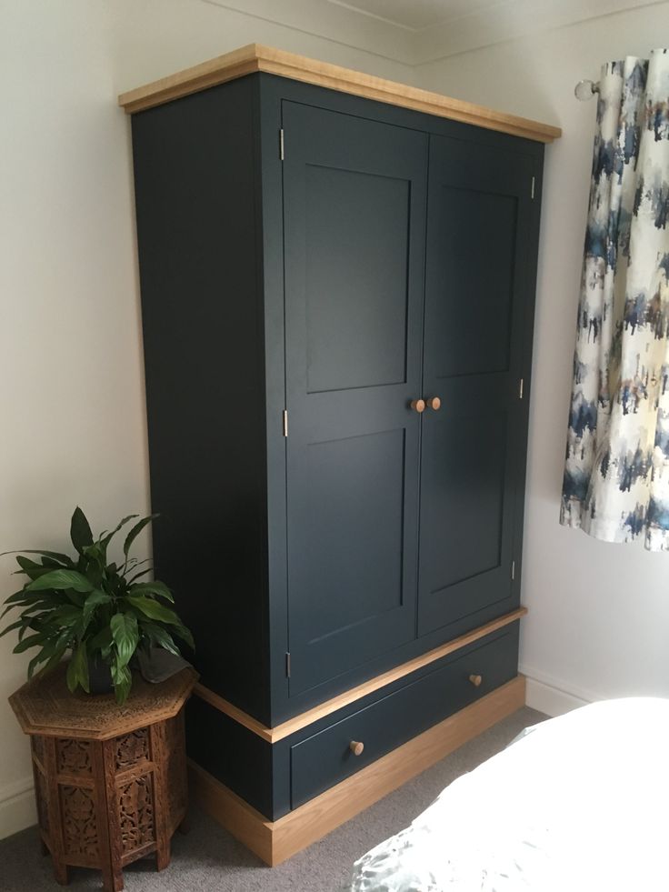 a blue armoire next to a plant in a room