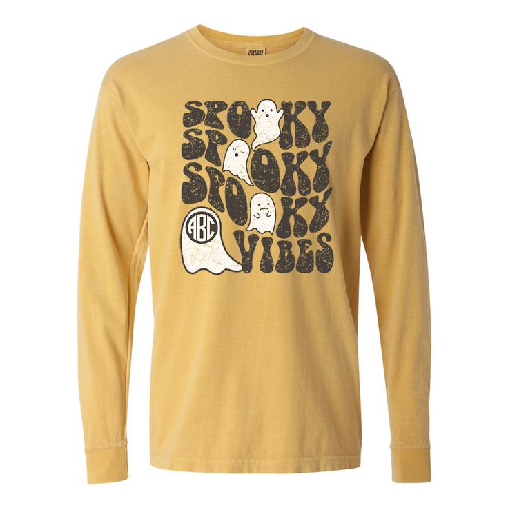 'Spooky Vibes' Comfort Colors Long Sleeve T-Shirt with your Monogram (or choose 'no monogram' if you prefer!) Happy Spooky Season! Long Sleeve Baseball Tee, Lilly Inspired, Matching Sets Outfit, Sweat Set, Long Sleeve Kids, Comfort Colors Sweatshirt, Fall Denim, S Monogram, Embroidered Heart