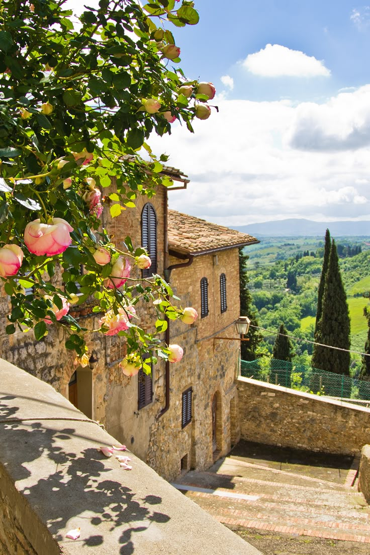 an old stone building with flowers growing on the roof and in front of it is a scenic view