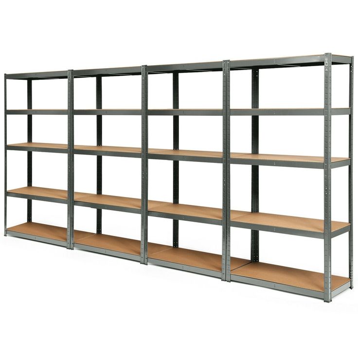 an empty metal shelving unit with wooden shelves