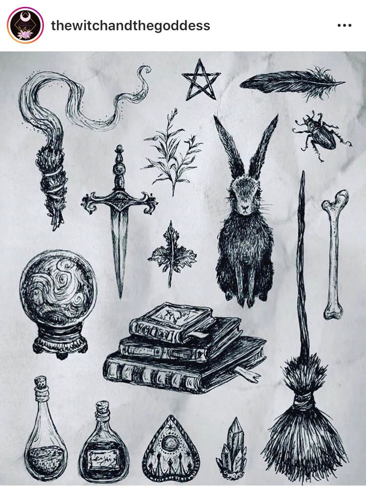 an ink drawing of various items used in the harry potter book series, including books and wands