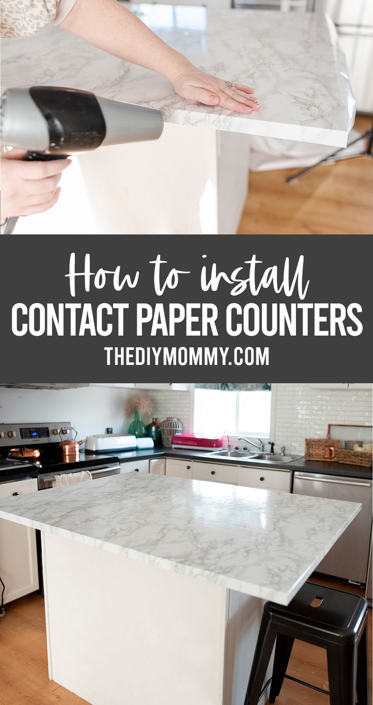 a woman using a hair dryer on top of a counter in a kitchen with text overlay that reads how to install contact paper counters