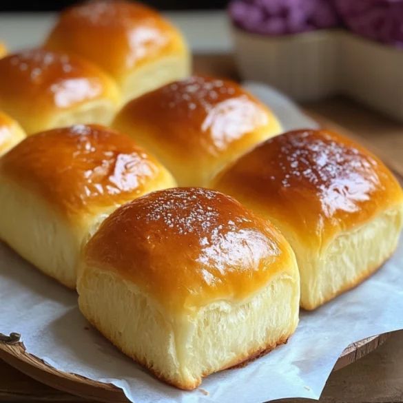 small rolls sitting on top of a white paper covered plate next to a bowl filled with purple flowers