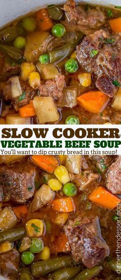 a bowl filled with stew and vegetables next to the words slow cooker vegetable beef soup