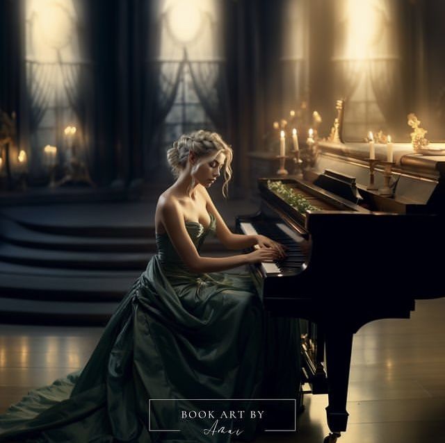 a woman in a green dress sitting at a piano with candles on the table behind her