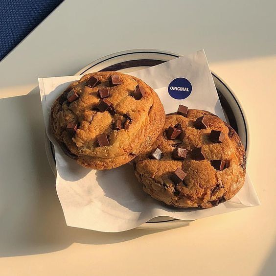 two chocolate chip cookies sitting on top of a plate