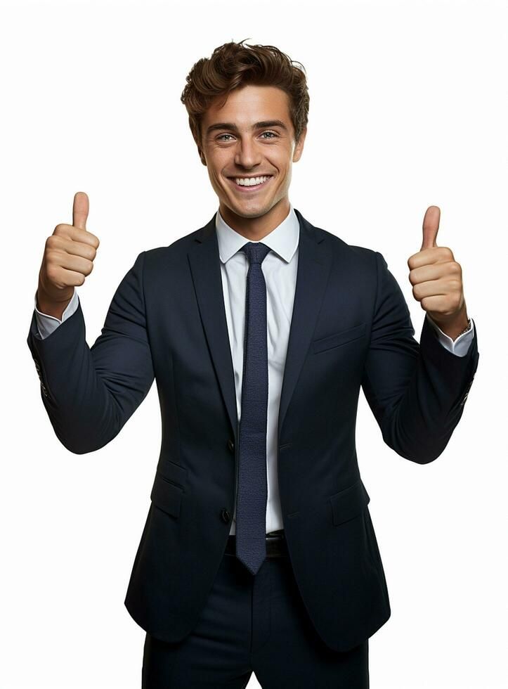 a man in a suit and tie giving thumbs up