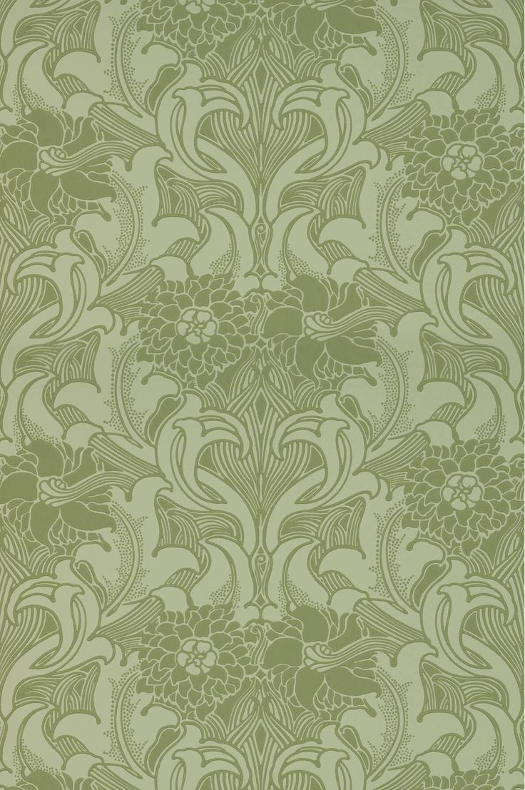 a green wallpaper with flowers and leaves on the side, in an ornate pattern