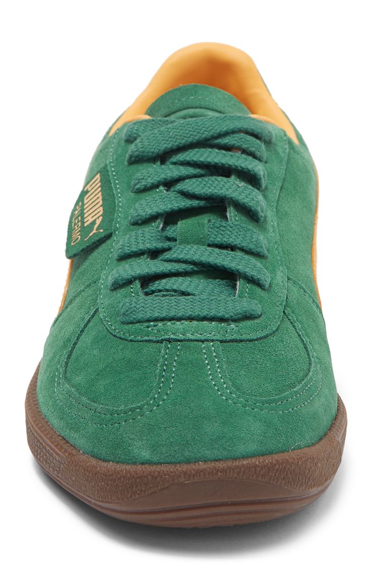 A low profile and classic T-toe keep the soccer vibes alive and kicking in an '80s-throwback sneaker layered in plush suede for a sneakerhead win-win. Lace-up style Removable insole Leather and textile upper/textile lining/rubber sole Imported PUMA has received the Fair Labor Association accreditation, which signifies that the company has effective systems and procedures in place to successfully uphold fair labor standards throughout its supply chains, including strategies and tools to address and improve working conditions Puma Palermo Outfit Man, Red Leather Puma Sneakers, Puma Palermo Pink, Puma Palermo Colorways, Low-top Suede Puma Sneakers, 80s Throwback, Puma Palermo, Sneaker Men, Up Styles