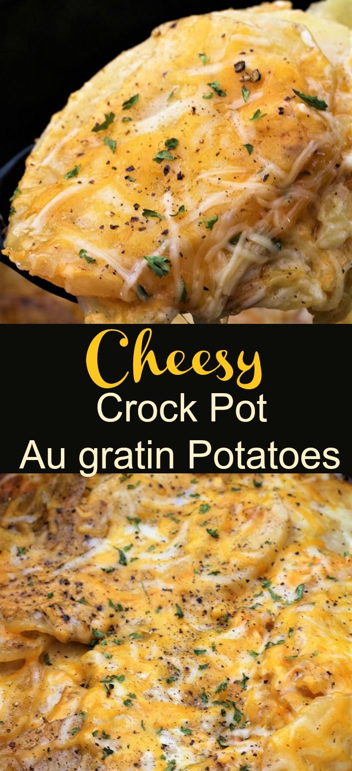 cheesy crock pot au gratin potatoes in a cast iron skillet