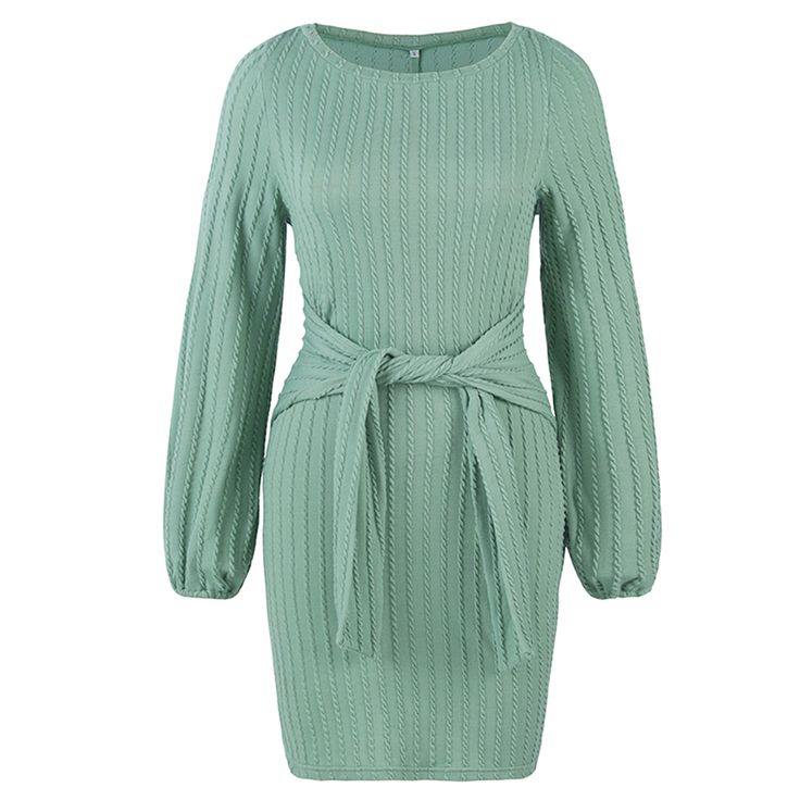 Blueish-green Tie Waist Knit Long Sleeve Dress Green Mini Sweater Dress For Winter, Green Ribbed Winter Dresses, Chic Green Knit Mini Dress, Green Ribbed Knit Dress, Green Knit Dresses For Winter, Green Knee-length Winter Mini Dress, Green Knee-length Mini Dress For Winter, Green Ribbed Sweater Dress For Fall, Fitted Green Knit Sweater Dress