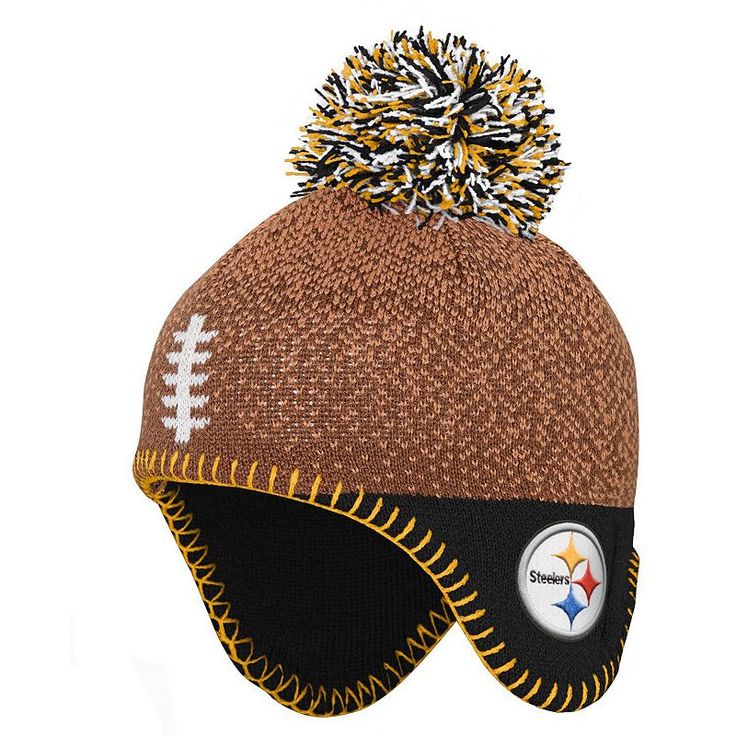 Help your little fan generate extra warmth in an adorable way with this Pittsburgh Steelers Football Head knit hat. The fun design features a speckled pattern, football laces and a multicolor pom that highlights the embroidered Pittsburgh Steelers logo and contrast-color stitching. Ear flaps provide added coverage and coziness.Help your little fan generate extra warmth in an adorable way with this Pittsburgh Steelers Football Head knit hat. The fun design features a speckled pattern, football la Pittsburgh Steelers Hats, Steelers Gear, Steelers Logo, Pittsburgh Steelers Logo, Browns Football, Pittsburgh Steelers Football, Steelers Football, Logo Knit, Nfl Gear