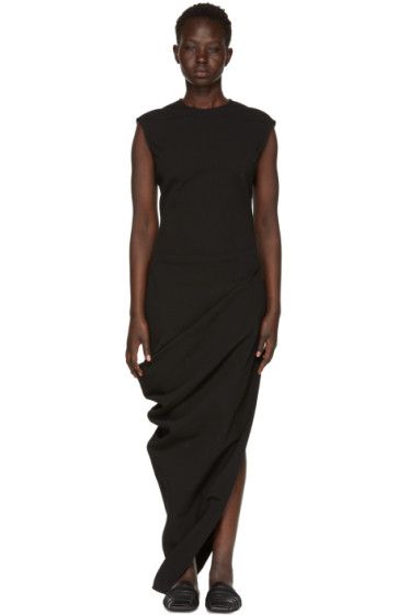 Rick Owens - Black Grosgrain Walrus Dress Fitted Pre-draped Asymmetrical Midi Dress, Fitted Pre-draped Knee-length Dress, Chic Fitted Draped Dress, Chic Draped Fitted Dress, Chic Fitted Draped Midi Dress, Fitted Long Dress For Work, Chic Draped Dresses For Evening, Fitted Knee-length Pre-draped Dress, Dressy Draped Evening Dress