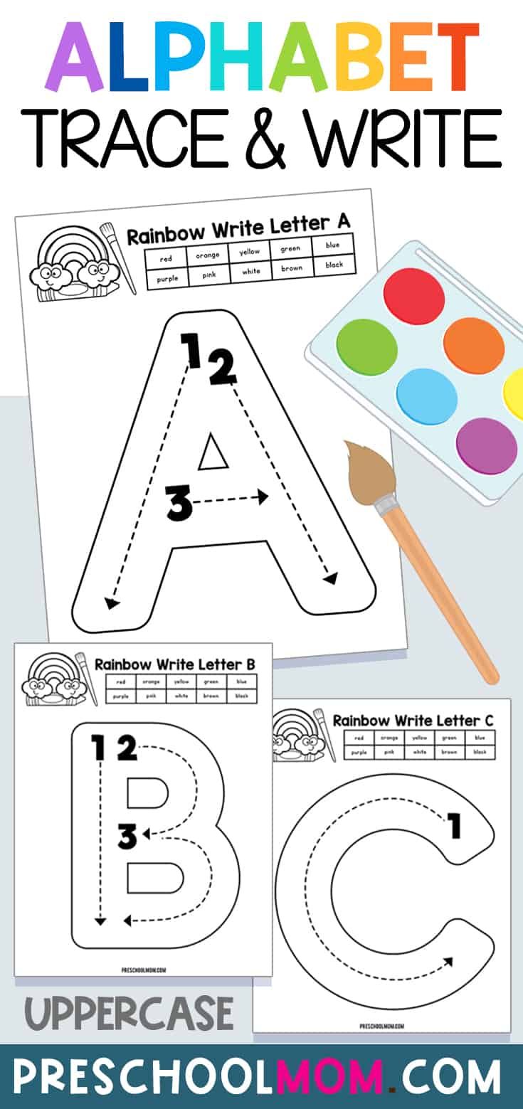 the alphabet trace and write worksheet is shown with an image of a brush, paint