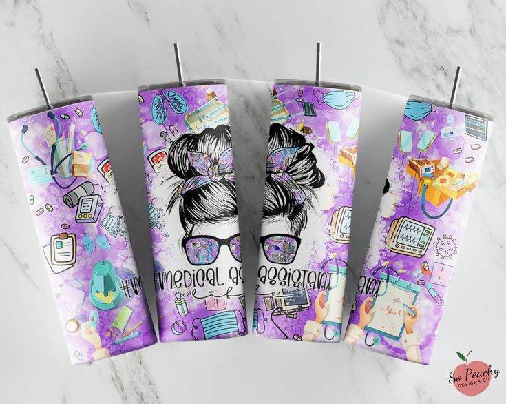 three toothbrush holders decorated with purple and white designs on marble counter top next to each other