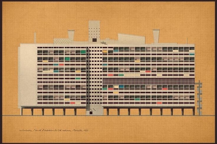 a drawing of a tall building with lots of windows and balconies on it