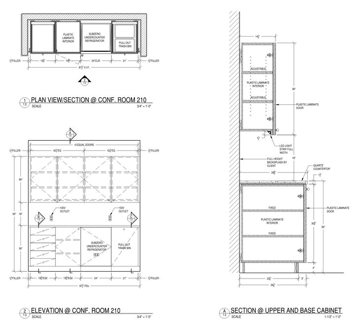 two drawings of kitchen cabinets with measurements