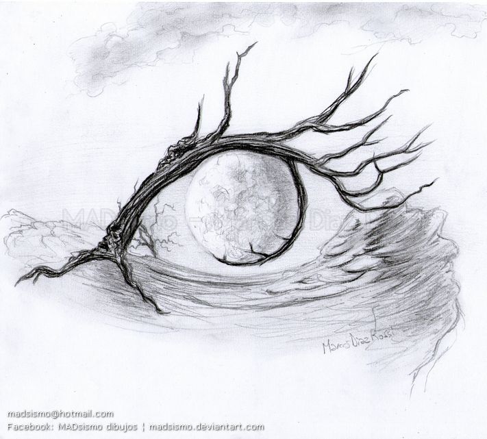 a pencil drawing of an eyeball in the sky with trees growing out of it