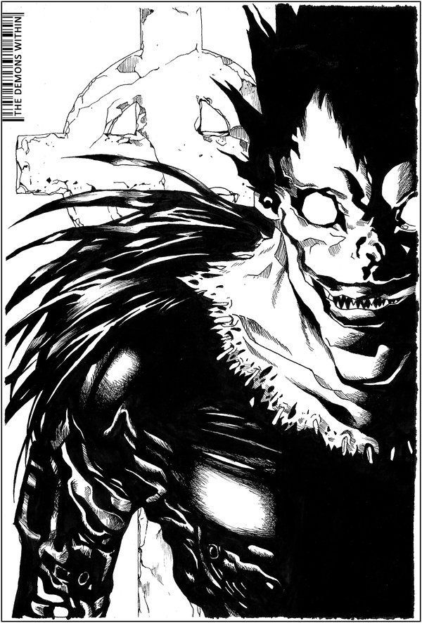 a black and white drawing of a demon with his hair blowing in the wind,