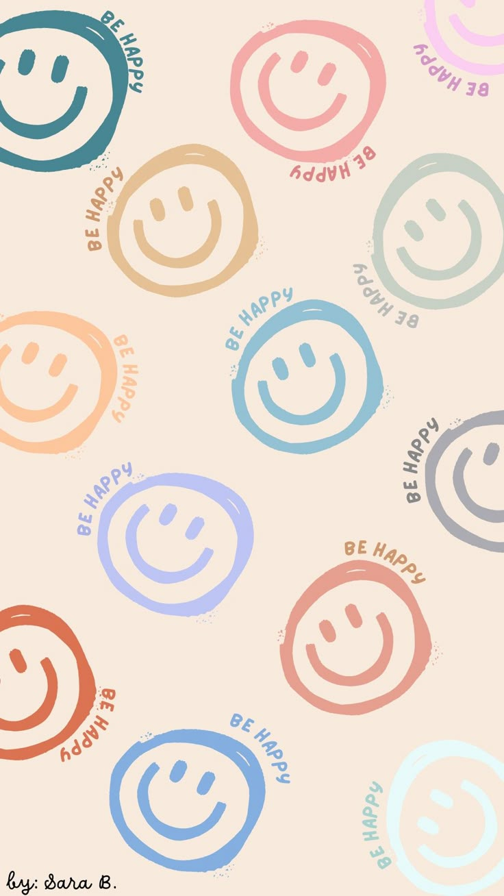 a bunch of smiley faces with different colors on them and the words be happy in each