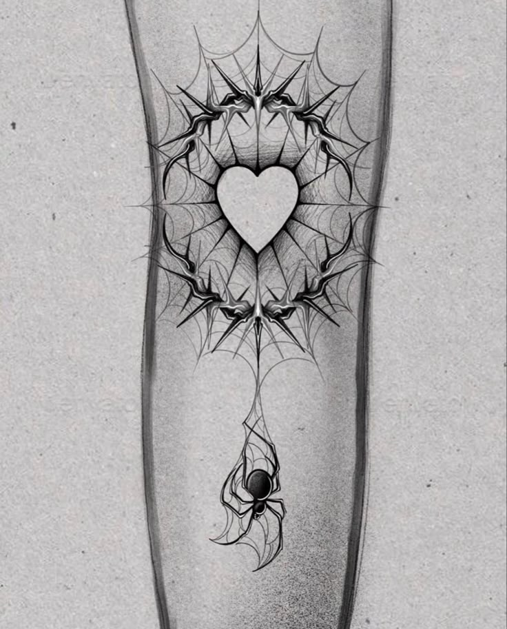 a black and white drawing of a vase with a heart on the side, surrounded by spider webs