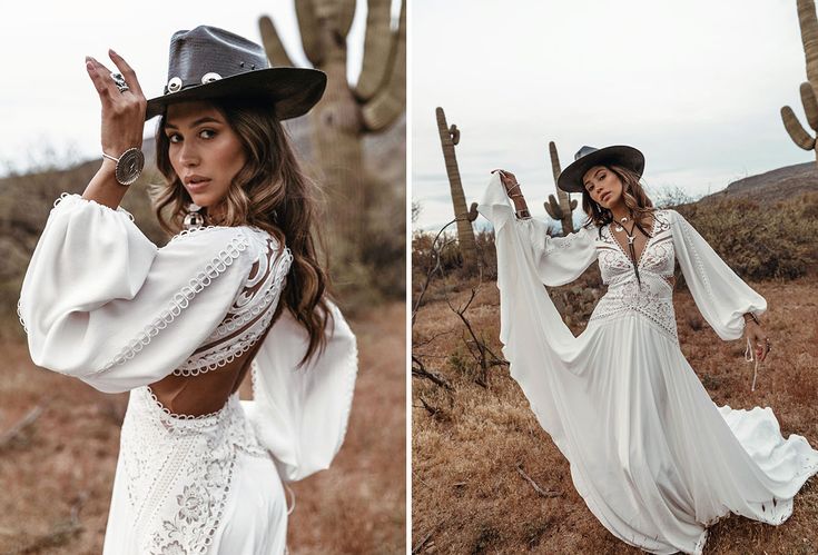 a woman in a white dress and cowboy hat