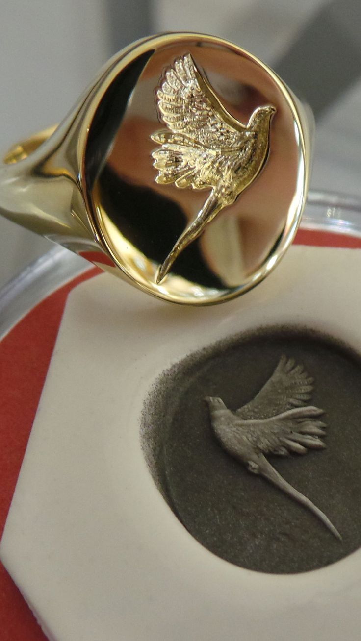 Oxford Oval Signet Ring with Deep Seal Engraved Bird - Pheasant, Wings, Feathers Seal Rings Women, Bird Signet Ring, Silver Signet Ring Women, Bird Ring Jewelry, Bird Jewellery, Wings Feathers, Oval Signet Ring, Bird Ring, Queens Jewels