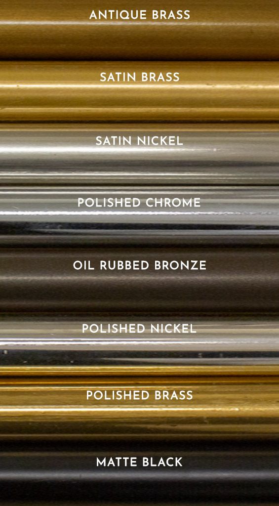 a stack of different types of metal pipes with names on them, all labeled in gold and silver