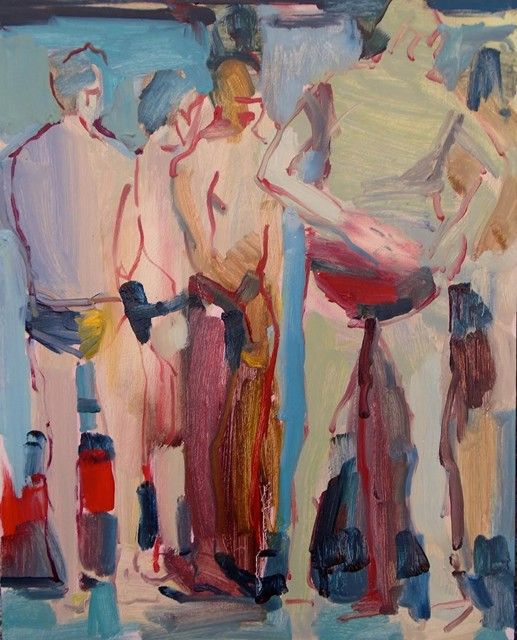 an abstract painting of people standing in front of each other