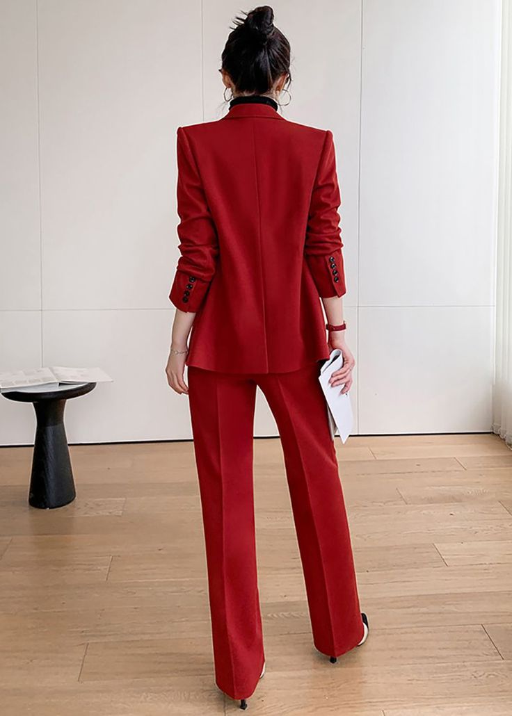 Elevate your style with our Sydney Single-breasted Blazer Pantsuit Set. Crafted with a sophisticated western-style collar and double-breasted detail, this set comes in a bold red and black color scheme. Make a statement in this exclusive and tasteful ensemble, perfect for any occasion. Notched lapels Long sleeve Double-breasted closure Polyester,Spandex Item #241177 Women's blazer & wide-leg pants set SIZE INFO XS=US2=UK6=EU32 S=US4-6=UK8-10=EU34-36 M=US8-10=UK12-14=EU38-40 L=US12-14=UK16-18=EU4 Formal Winter Pantsuit With Suit Collar, Chic Red Semi-formal Suit, Tailored Winter Pantsuit With Suit Collar, Red Fall Office Suit, Tailored Red Pantsuit With Notch Lapel, Red Notch Lapel Sets For Workwear, Red Tailored Pantsuit With Notch Lapel, Red Workwear Sets With Notch Lapel, Chic Red Suits For Fall