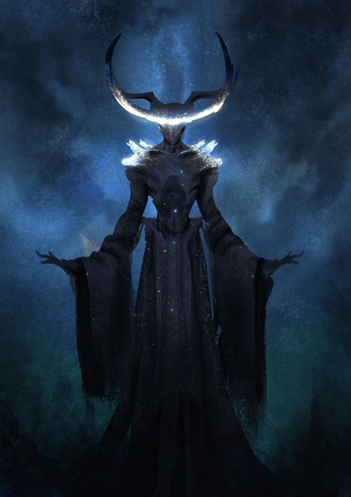 a woman with horns standing in the dark