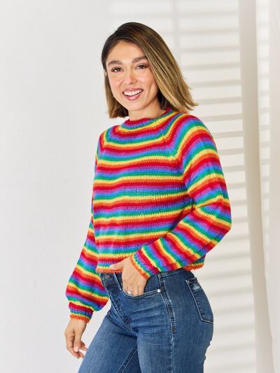 Stay cozy and bright in our Rainbow Striped Long Sleeve Sweater. Perfect for chilly days, this sweater will keep you comfortably warm while making a statement with its vibrant stripes. A fun and playful addition to any wardrobe. Features: Basic style Stretch: Moderate stretch Material composition: 100% polyester Care instructions: Machine wash cold. Tumble dry low. Imported Product measurements:S:Bust 39.37 in, Sleeve Length 25.98 in, Top Length 16.93 inM:Bust 40.94 in, Sleeve Length 26.38 in, T Trendy Rainbow Long Sleeve Sweater, Trendy Long Sleeve Rainbow Sweater, Rainbow Crew Neck Top For Winter, Rainbow Long Sleeve Sweater For Fall, Striped Color Block Sweater For Winter, Colorful Playful Sweater For Fall, Multicolor Long Sleeve Fun Sweater, Playful Fall Tops In Bright Colors, Winter Striped Color Block Sweater