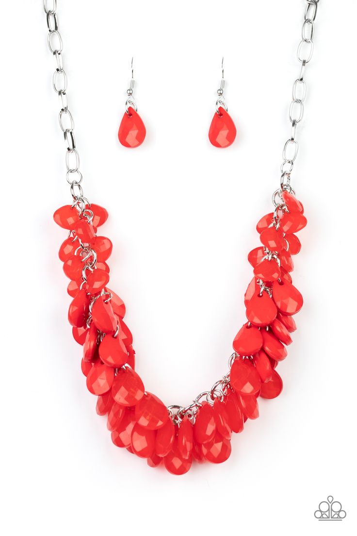 A fiery red collection of polished and crystal-like teardrop beads cluster along the bottom of a shimmery silver chain, creating a flirtatious fringe below the collar. Features an adjustable clasp closure.

 Sold as one individual necklace. Includes one pair of matching earrings. Bedazzled Jewelry, Red Necklace, Fiery Red, White Necklace, Jewelry Show, Teardrop Beads, Paparazzi Accessories, Rhinestone Necklace, Paparazzi Jewelry