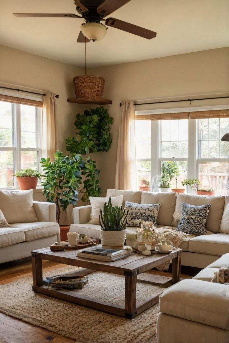 a living room filled with furniture and a ceiling fan