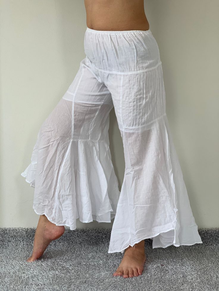 "Gauze Bells Lady Cotton Gauze, Yoga Dance Play Pants They are light, but not transparent, having a shorts lining of cotton. Wide smocking in the back provides a comfortable fit for all the moves. Measurements: Waist: 22\"-44\" inches around, expandable Hip (booty): up to 44\" inches around Inseam 26\" Total length: 37\" #gauze cotton, olive green, shorts lining, smocking, elastic ❤️ Special offer Coupon code❤️ BUYFOR2 : Get discount 10% for the order 2 items. BUYFOR3 : Get discount 15% for the Fitted Cotton Beach Pants, Fitted Cotton Pants For Beach, Fitted Cotton Pants For The Beach, Spring Stretch Cotton Bloomers, Summer Stretch Wide Leg Parachute Pants, White Full Length Yoga Pants For Summer, Fitted Cotton Parachute Pants With Elastic Waistband, Stretch Cotton Bloomers With Elastic Waistband, Fitted Cotton Bloomers With Elastic Waistband